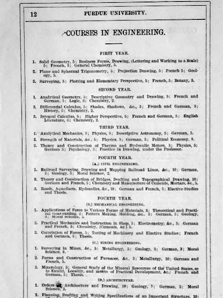 Page from book that list first engineering courses